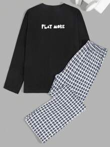 RueChic Cotton Men Letter And Plaid Printed Regular Longsleeve Homewear Set - Black - View 1