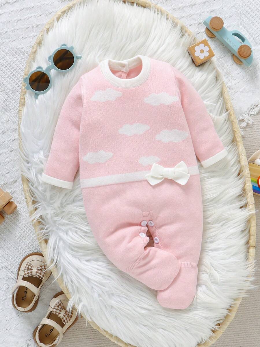 Baby Girls Casual Cute Cloud Graphic Knitted Long Sleeve Sweater Jumpsuit, Footie Pajamas, Soft And Comfortable For Daily, Outdoor, Travel, Holiday, Home, Daycare Wear - Baby Pink - View 1