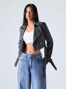 SHEIN EZwear 女士休闲纯色短款风衣，秋季 - 灰色 - 查看 4