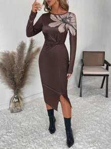 SHEIN Clasi 女士棕色定位印花圆领长袖修身中长连衣裙，秋冬冬季女装优雅女士连衣裙棕色连衣裙长款冬装长袖连衣裙 - 棕色 - 查看 3