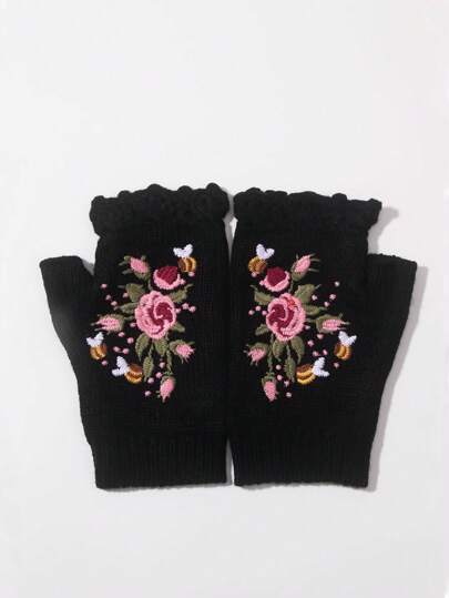 Fairycore 1 Pair Embroidered Floral & Plant Knitted Warm Fingerless Gloves For Winter Valentines