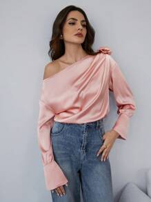 Firerie Women's Irregularity Collar Solid Color Pleated 3D Flower Long Sleeve Elegant Blouse - Dusty Pink - View 4