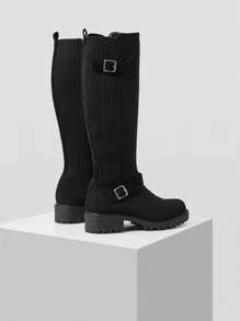 MOTF PREMIUM KNEE-HIGH BOOTS WITH COMFORTABLE BASE, SIMPLE FASHION ALL-MATCH BLACK STRIPE PATCHWORK DESIGN, VERSATILE FOR COMMUTING FOR CHRISTMAS AND NEW YEAR HOLIDAY VIBE FALL AND WINTER - Black - View 8