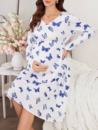 Moonlight & Mama Butterfly Print Loose V-Neck Maternity Long Sleeve Nightgown