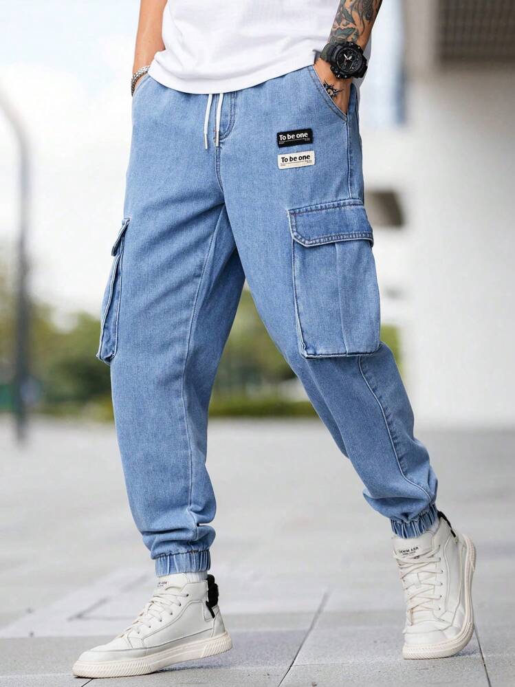 Manfinity Homme Plus Size Aqua Blue Cargo Jeans,Summer Casual