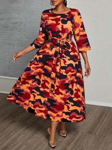 Maweii Plus Size Women Camouflage Lacing Waist Pocket 3/4 Sleeve Midi Dress Maxi Women Outfit