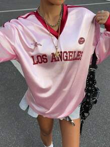 Muchica Women's Retro Colorblock Ancora Red Print V-Neck Collar Long Sleeve Jersey