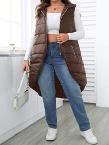 Calvaya Fashionable Asymmetrical Front Short Back Long Padded Vest - Brown - View 1