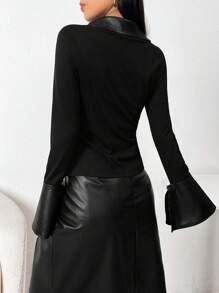 Modelyn Women's Fashionable Bell-Sleeve Patchwork Blouse, Spring-Autumn - Black - View 4