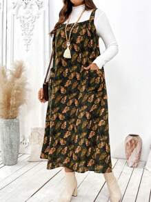 EMERY ROSE Vintage Linen Floral Print Sleeveless Pocket Dress Maxi Women Outfit - Multicolor - View 3