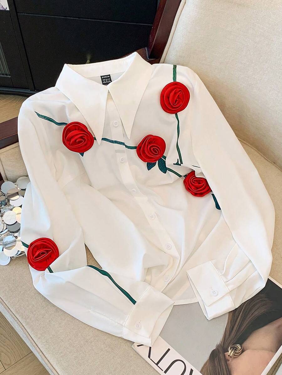 GlowEve 女士优雅情人节绿枝花卉印花 + 3D 花卉休闲衬衫 - 白色 - 查看 1