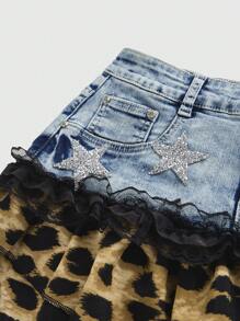 ROMWE J-Fashion Minifalda de mezclilla corta con parches, detalles de estampado de leopardo y flores en estilo Y2K
