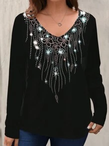 Plus Size Women's Tassel Random Print V-Neck Long Sleeve T-Shirt Graphic Tees Women Tops For Spring