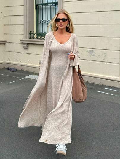 Forever 21 Women's Home Casual Street Style Wool Woven Solid Color Halter Dress And Coat Set