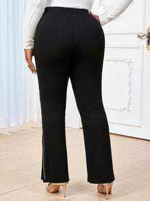 SHEIN Lady Pantalon évasé en tricot noir orné de strass, élégant et décontracté, convenant pour le bureau et les déplacements. Tailles plus disponibles. - Noir - Voir 2