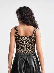 SHEIN 少女春夏 Y2K 基本款针织豹纹弹力棕色背心带胸垫 - 棕色 - 查看 2