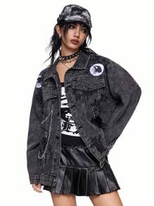 ROMWE Grunge Punk Grunge Punk Distressed Rock Band Party Denim Jacket With Washing, Chain, Embroidered Spider, And Fuzzy Star Eyes Decor, Oversized For Women