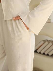 INAWLY Women Solid Color Turndown Collar Long Sleeve Top And Wide-Leg Pants Knit 2 Pieces Set, Casual For Autumn - Beige - View 6