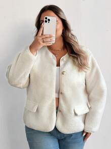 SHEIN CURVE+ Plus Size Women Casual Fluffy Short Jacket, Fashion Versatile Stylish Coat, White, Autumn/Winter