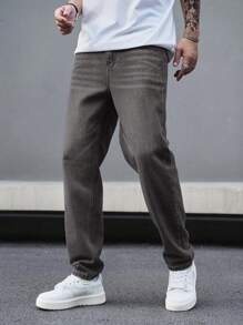 Manfinity Homme 休闲牛仔裤，简约时尚，适合日常穿着 - 深灰色 - 查看 6