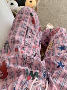 DAZY 格子涂鸦印花宽松直筒睡裤，秋冬款 - 粉色 - 查看 1