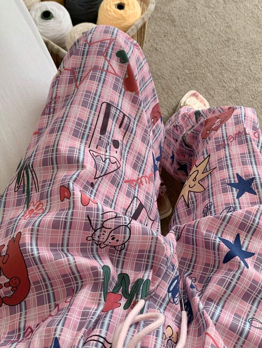 DAZY 格子涂鸦印花宽松直筒睡裤，秋冬款 - 粉色 - 查看 1
