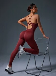 Slayform Bộ đồ liền thân không tay Quần legging thể thao, Thời trang tối giản, mặc hàng ngày cho Tết Nguyên đán - Màu Đỏ Sâu - Xem 3