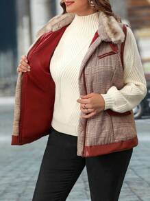 SHEIN LUNE Chaqueta sin mangas elegante de Navidad para uso diario en otoño/invierno para mujer de talla grande, con cuello esponjoso y cremallera de color contrastante