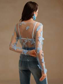 Anewsta Áo cánh ren bướm lưới thêu cho nữ, tay dài - Màu xanh lam - Xem 4
