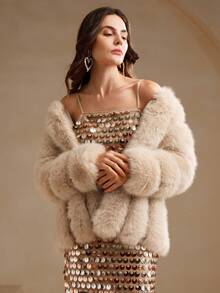 Anewsta New Autumn/Winter Elegant Lady-Like Faux Fox Fur Coat, Fashionable Outerwear - Apricot - View 6