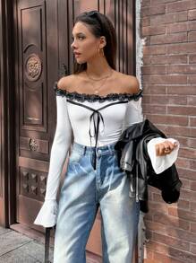 Chiquease Blusa de mujer con hombros descubiertos, lazo y mangas acampanadas - Blanco - Ver 1