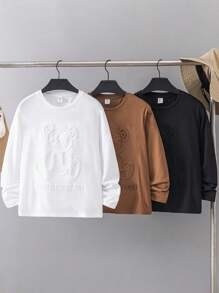 SHEIN 3 sztuki/zestaw Chłopięce Casual Street Fashion Niedźwiedź Wytłoczony Grafika Nadruk Okrągły Dekolt Luźny Dopasowany Długi Rękaw Koszulki, 3 Różne Wzory