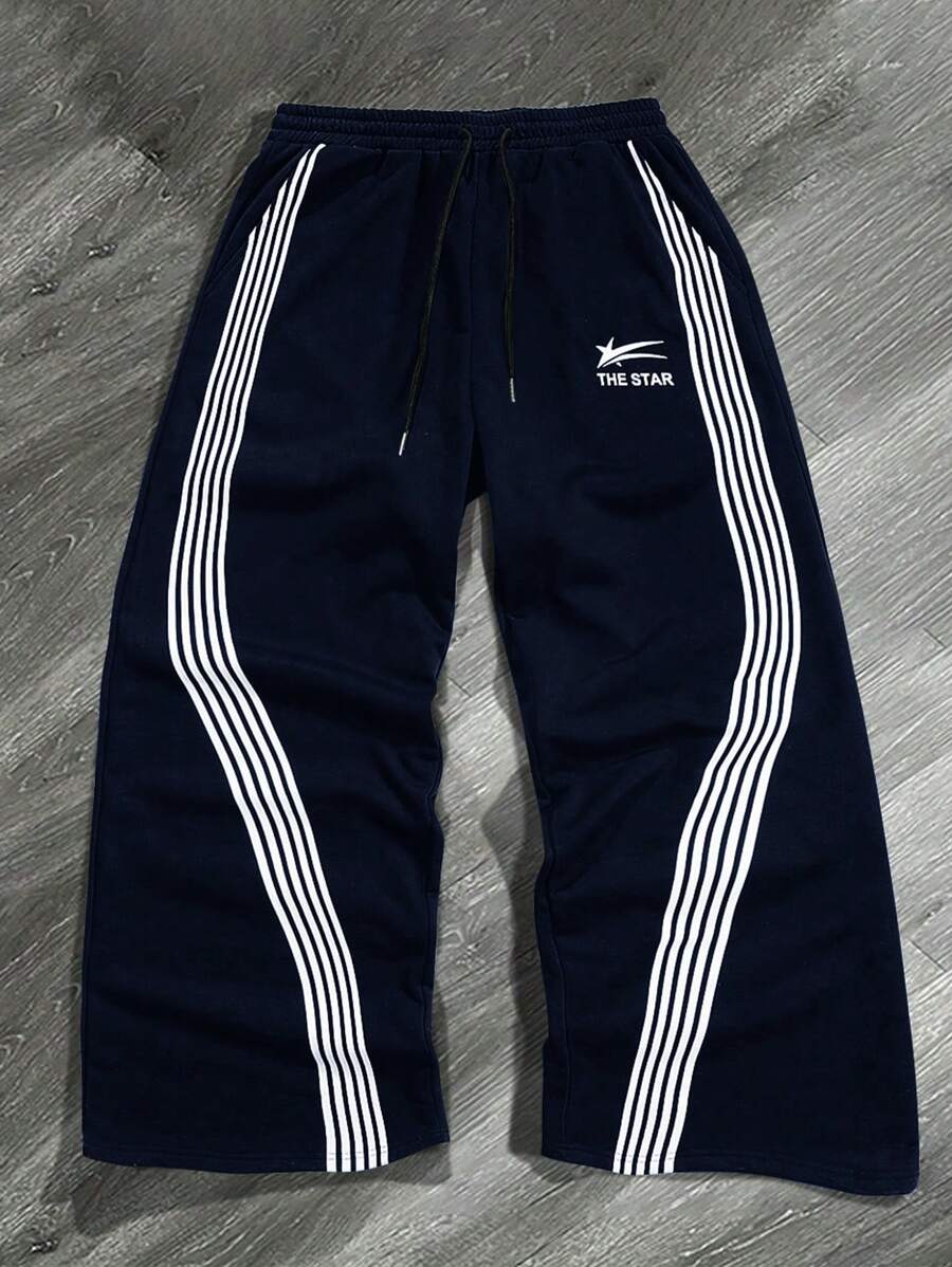 Manfinity Campus Court Men Casual Striped Patchwork Front Lace-Up Letter Print Minimalist Pants, For Daily Wear - Navy Blue - View 1