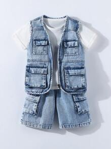 SHEIN Young Boy Casual Tooling Jean Vest & Denim Shorts Denim Outfit