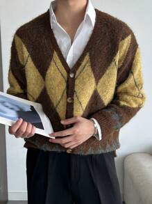 DAZY Men's Checkered Print Loose Casual Open Front Long Sleeve Cardigan, Autumn/Winter
