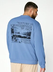 Manfinity VCAY Sudadera holgada de cuello redondo de manga larga con estampado de letras para hombres talla grande, de estilo casual y suelto, color azul, para salir, como regalo para amigos, esposo o novio, para otoño e invierno