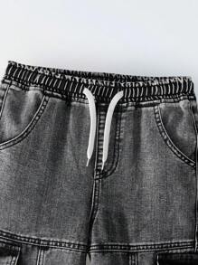 Big Boy Streetwear Distressed Elastic Waistband Decorated Cargo Pants With Large Pockets And Tapered Leg, Casual Outdoor Denim Jeans - Grey - View 2