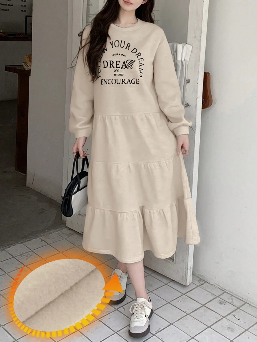 DAZY 女士休闲日常字母印花荷叶边连衣裙，秋季女装长袖连衣裙