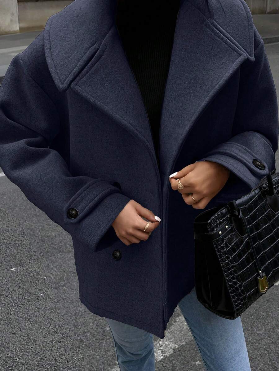 Calvaya 女式大码冬季纯色翻领双排扣休闲大衣