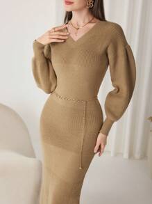 Modelyn Women's Solid Color V-Neck Elegant Long Sleeve Sweater Dress - Camel - View 4