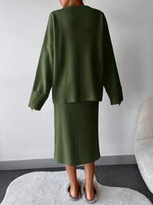 EURMUSE 女士 2 件套休闲纯色圆领长袖上衣和迷你裙 - 軍綠色 - 查看 2