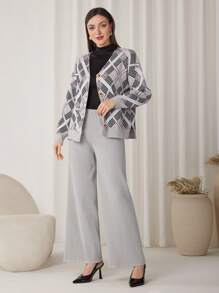 Modelyn 2 件套女士休闲格子开衫毛衣和长裤套装 2 件套 - 灰色 - 查看 6