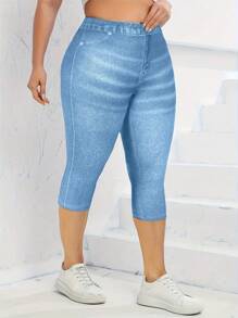 EMERY ROSE Pantalones capri casuales y versátiles de cintura elástica con estampado completo y levantamiento de glúteos para tallas grandes - Azul y blanco - Ver 4