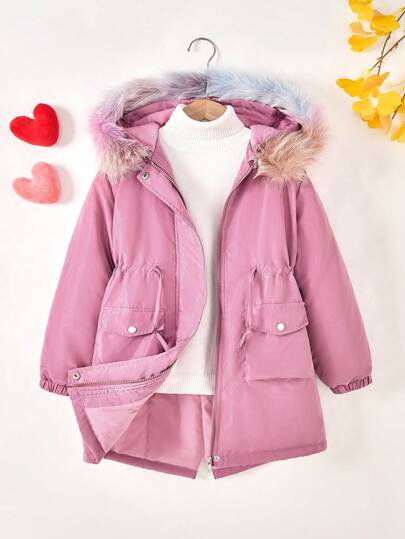 1pc Tween Girl New Stylish Casual Hooded Drawstring Pocket Long Fleece Jacket In Light Pink, Autumn/Winter, Daily Wear, Sibling/Matching (Sold Separately)