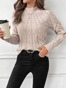 SHEIN Clasi Women Crew Neck Loose Twist Rope Textured Pullover Sweater Knit Pullover Fall Winter - Khaki - View 7