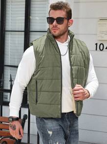 Manfinity Homme Plus Size Men's Solid Color Zip Pockets Sleeveless Padded Padded Coat, Autumn/Winter