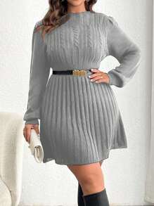Calvaya Plus Size Solid Color Round Neck Cable Cable Elegant Long Sleeve Sweater Dress, For Winter Fall Cloth For Women - Grey - View 1