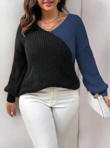 Calvaya Plus Size Color Block Long Sleeve Casual Pullover Sweater Knit Pullover Fall Winter