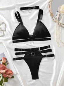 SHEIN Set de 2 piezas Sujetador sin aros liso y decorativo sin costuras para mujer Conjunto de ropa interior sexy Conjunto de bikini de 3 piezas Conjunto de lencería Color: Negro Bikini de cintura alta