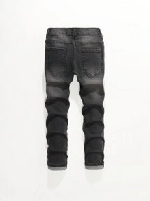 SHEIN Explorewe TWEEN BOY All-Match Casual Modern Streetwear Ripped Distressed Cat Whisker Elastic Waist Five Pocket Skinny Jeans, Versatile Denim Item Essential All Year Round - Black - View 2